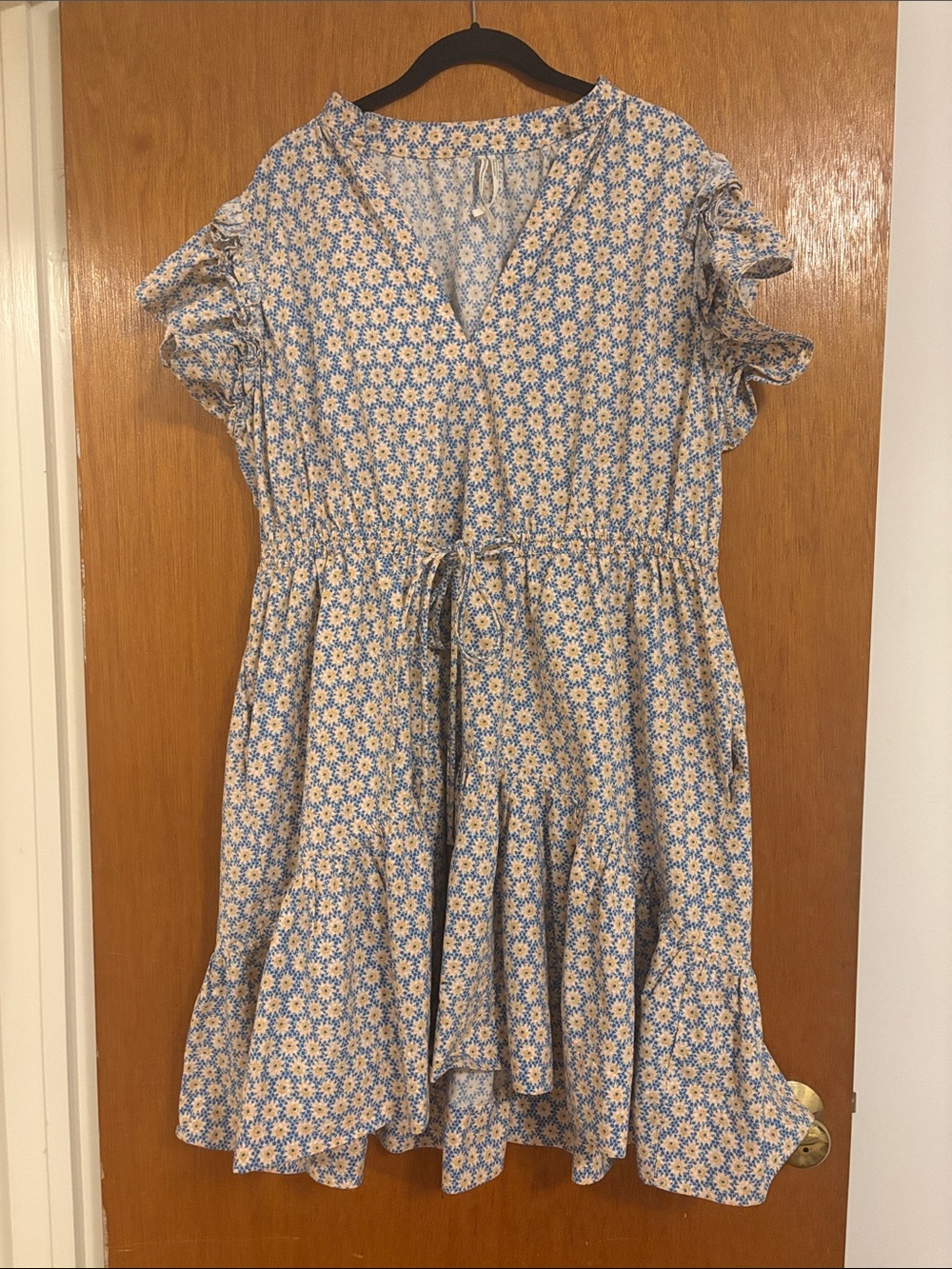 Anthropologie NWOT Blue and Cream Daisy Tie-Waist Dress